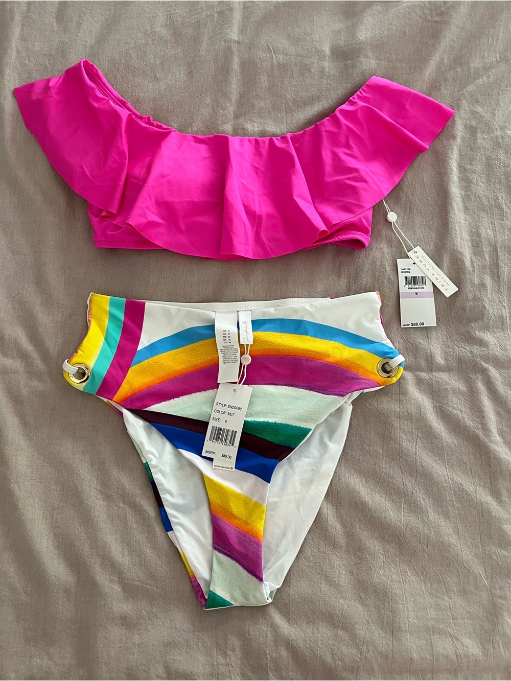 Trina Turk Off-Shoulder Ruffle Bikini Top with Sunshine 79 High-Waisted Bottoms